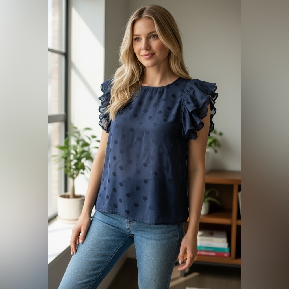 Vineyard‎ Vines Navy Blue Polka Dot Ruffle Sleeve Blouse Top Sz XXS